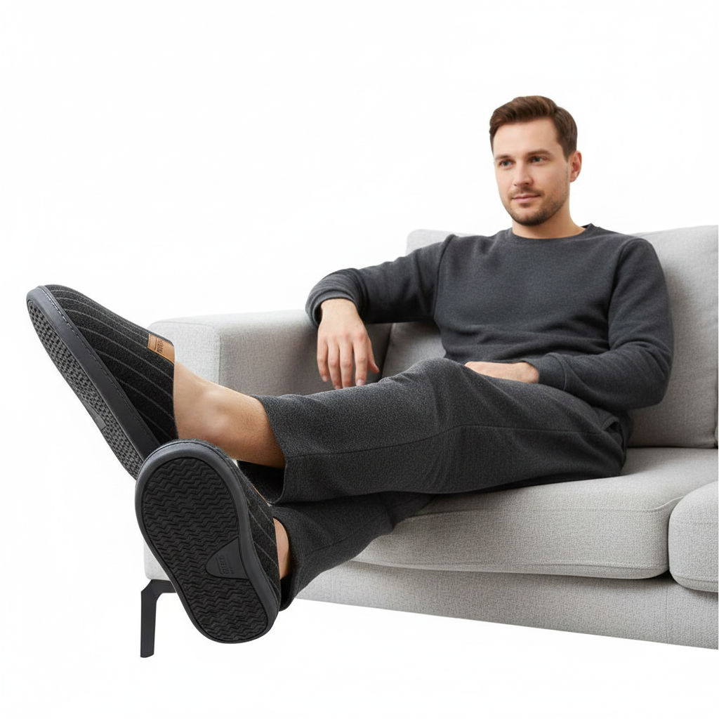 A man reclining on a light gray sofa wearing a dark charcoal gray long-sleeve top and matching pants, with black slip-on shoes visible.