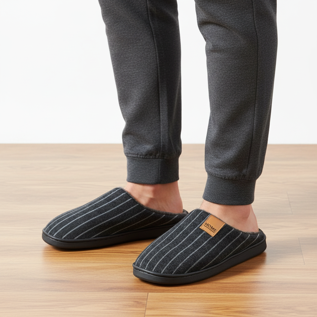 A person wearing dark gray pinstriped slip-on slippers with a small tan brand patch, paired with dark gray jogger pants, standing on a light wood floor against a white wall.
