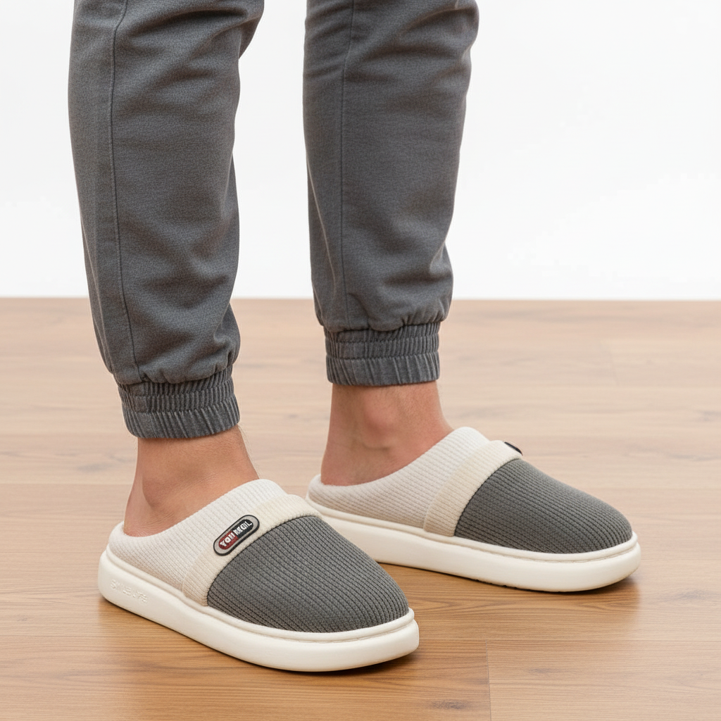 A person wearing gray jogger pants and slip-on knit mule slippers with a white and gray color-blocked design, standing on a light wood floor against a white wall.