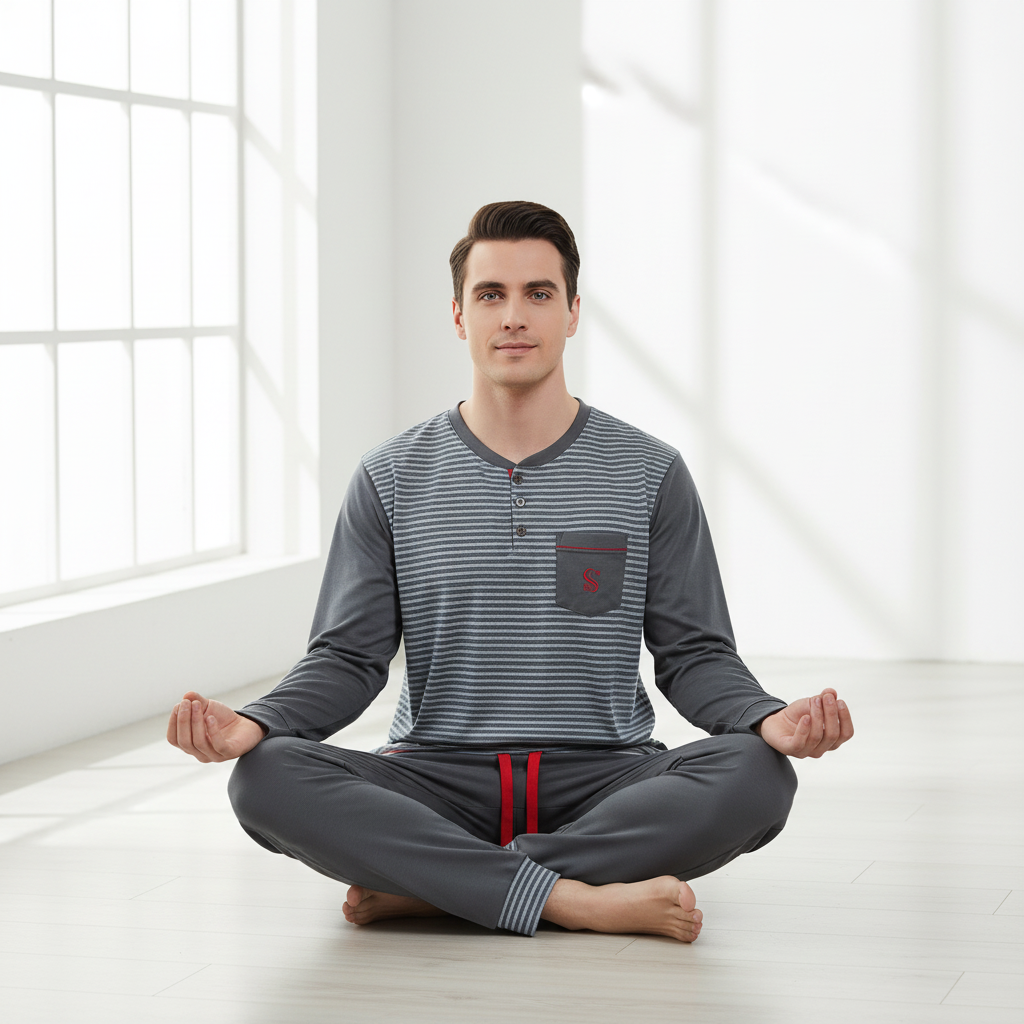 A man sits cross-legged in a bright, minimalist room wearing a gray long-sleeve striped henley shirt with a chest pocket and matching gray pants with a red drawstring.