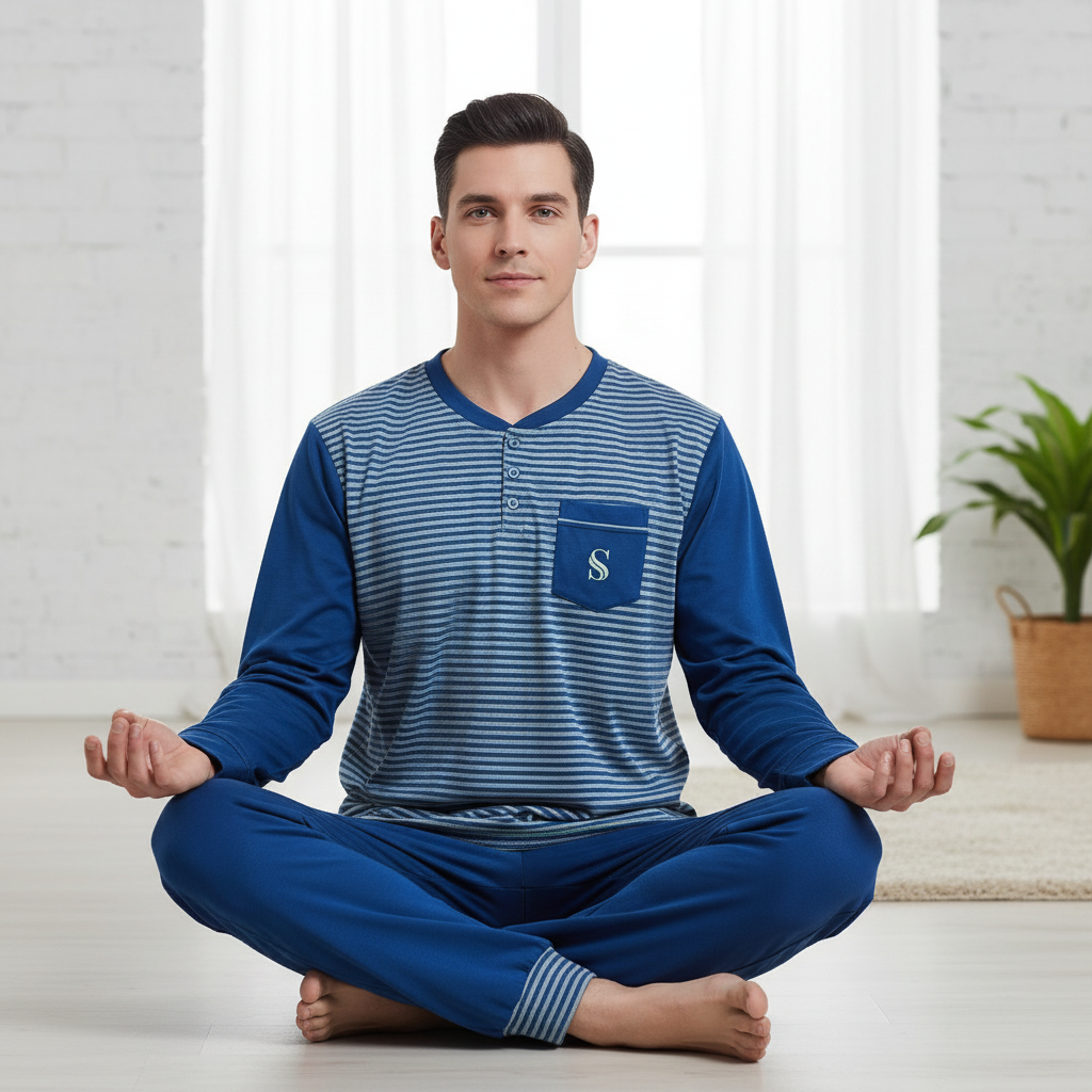 A man sits cross-legged in a meditative pose wearing a two-piece pajama set. The set features a long-sleeve henley top with blue and navy horizontal stripes on the front, solid blue sleeves, and a matching blue chest pocket with a white monogram 'S'.