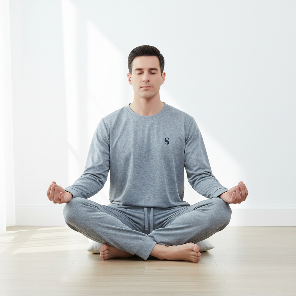 A man in a gray long-sleeve crewneck pajama set sits cross-legged in a meditative pose on a light wood floor against a bright white wall.