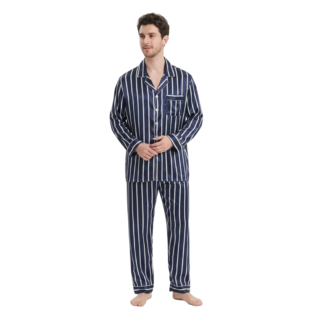 Men’s Blue Striped Pyjamas – Lightweight Polyester Silk-Feel Set