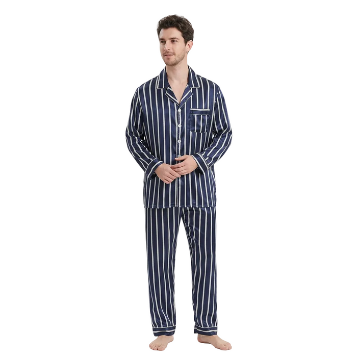 Men’s Blue Striped Pyjamas – Lightweight Polyester Silk-Feel Set