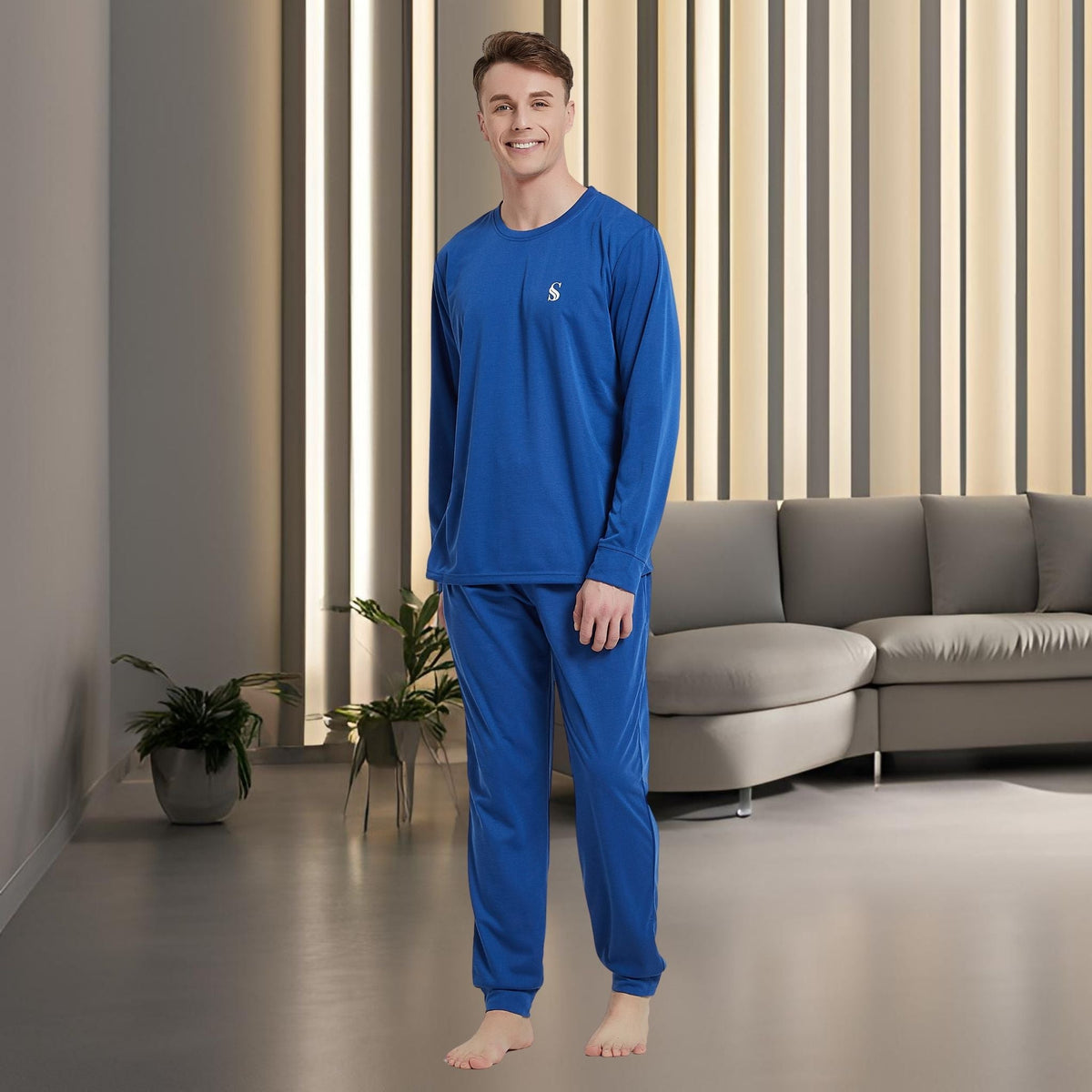 Men's Brushed Loungewear Set: Blue Jogger - Style Long - Sleeve Pyjamas. - SaneShoppe