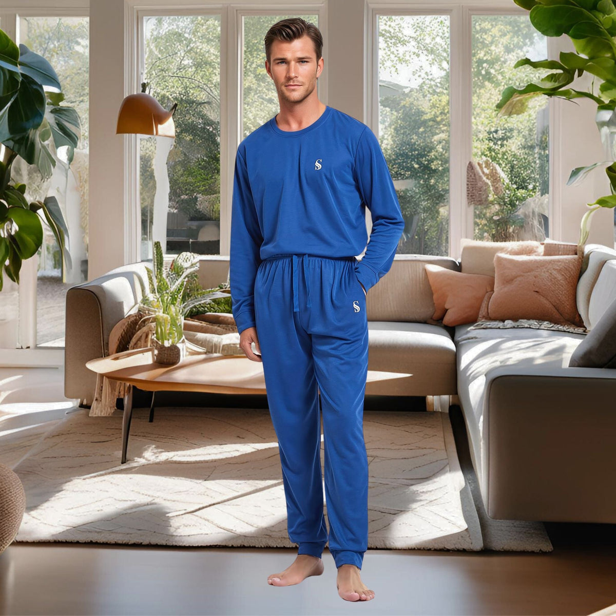 Men's Brushed Loungewear Set: Blue Jogger - Style Long - Sleeve Pyjamas. - SaneShoppe