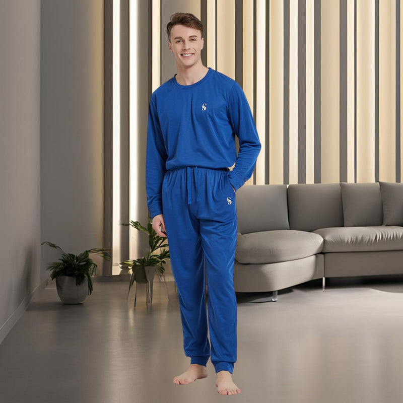 Men's Brushed Loungewear Set: Blue Jogger - Style Long - Sleeve Pyjamas. - SaneShoppe