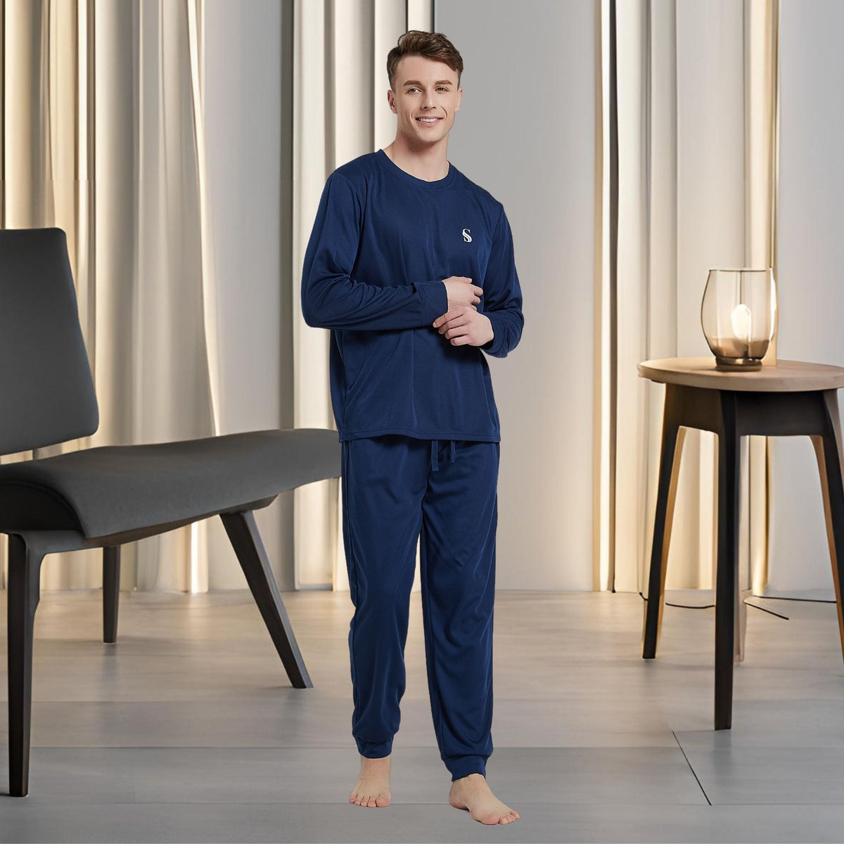 Men's Brushed Navy Pyjama Set, Jogger Style Luxury Loungewear - SaneShoppe