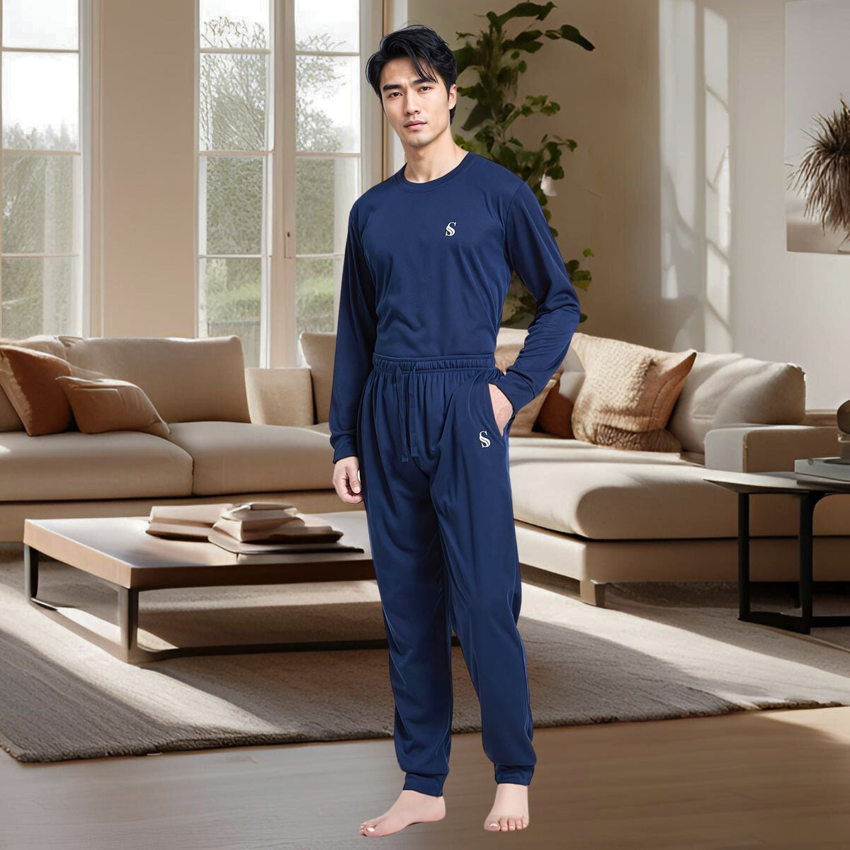 Men's Brushed Navy Pyjama Set, Jogger Style Luxury Loungewear - SaneShoppe