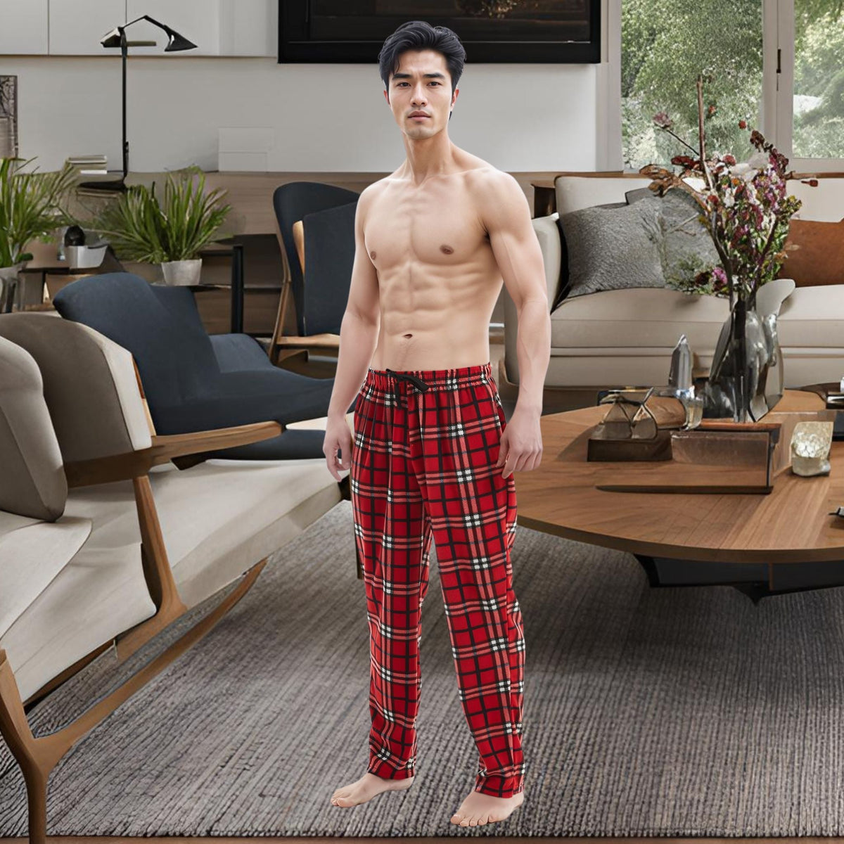 Men's Fleece Pajama Pants, Pyjama Bottoms Red, Black - SaneShoppe