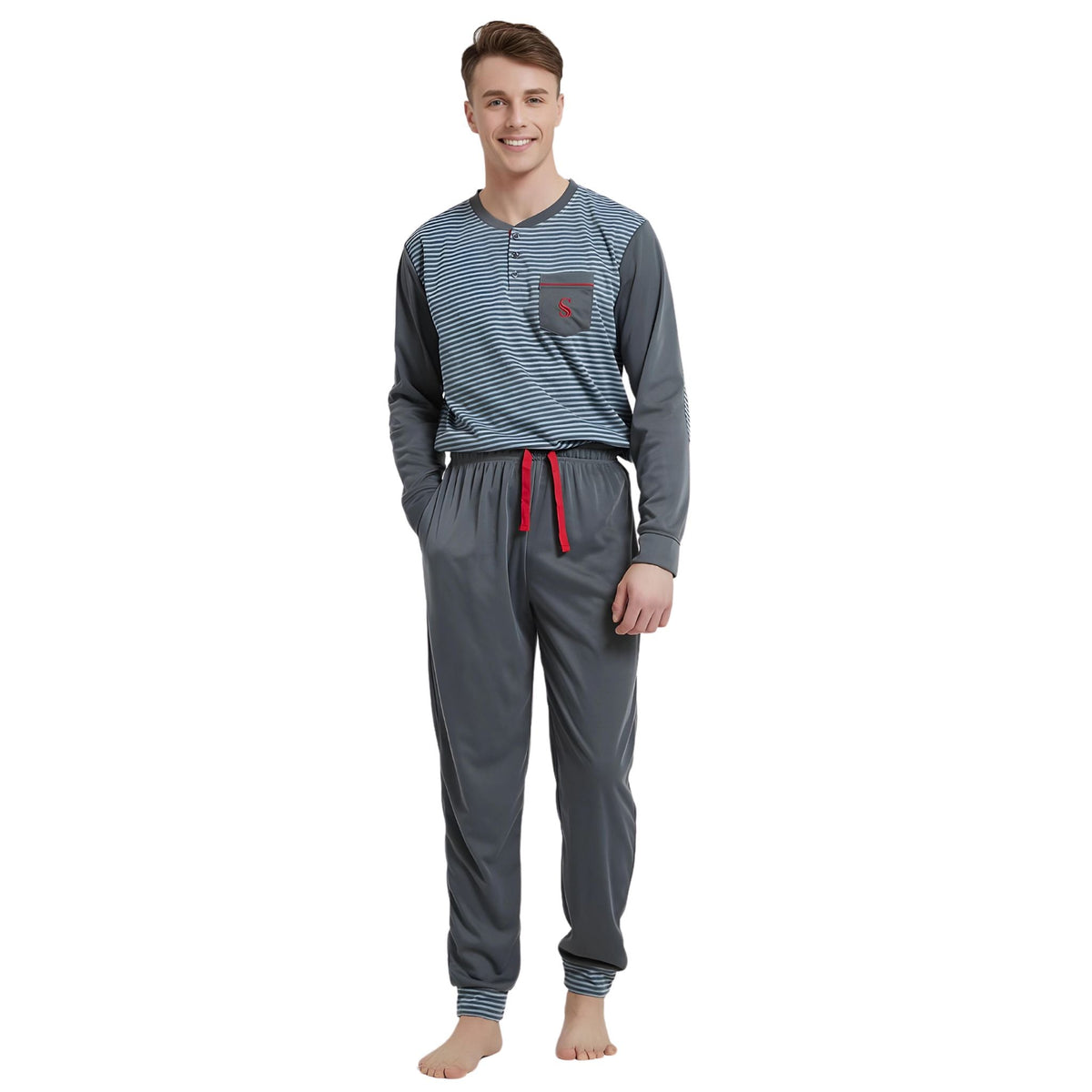 Men's Long Sleeve Pyjamas, Grey - Blue Stripe Loungewear Novelty Pjs - SaneShoppe