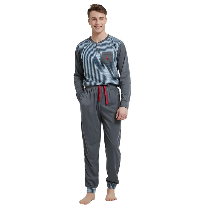 Men's Long Sleeve Pyjamas, Grey - Blue Stripe Loungewear Novelty Pjs - SaneShoppe