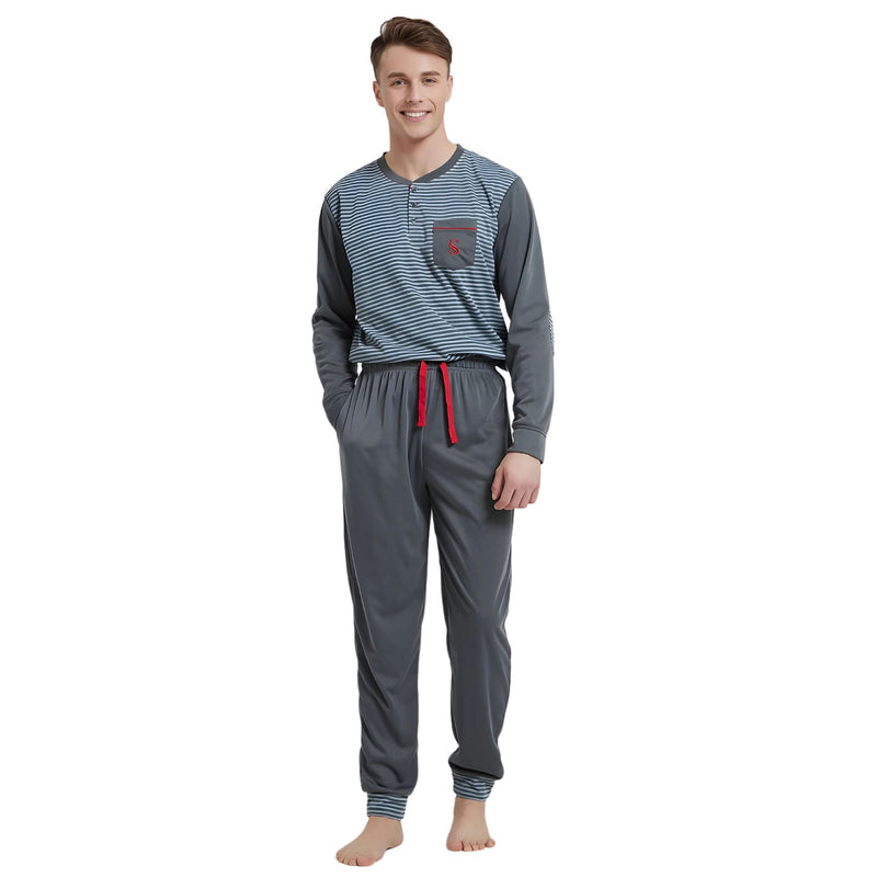 Men's Long Sleeve Pyjamas, Grey - Blue Stripe Loungewear Novelty Pjs - SaneShoppe