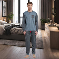 Men's Long Sleeve Pyjamas, Grey - Blue Stripe Loungewear Novelty Pjs - SaneShoppe