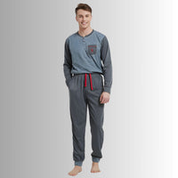 Men's Long Sleeve Pyjamas, Grey - Blue Stripe Loungewear Novelty Pjs - SaneShoppe