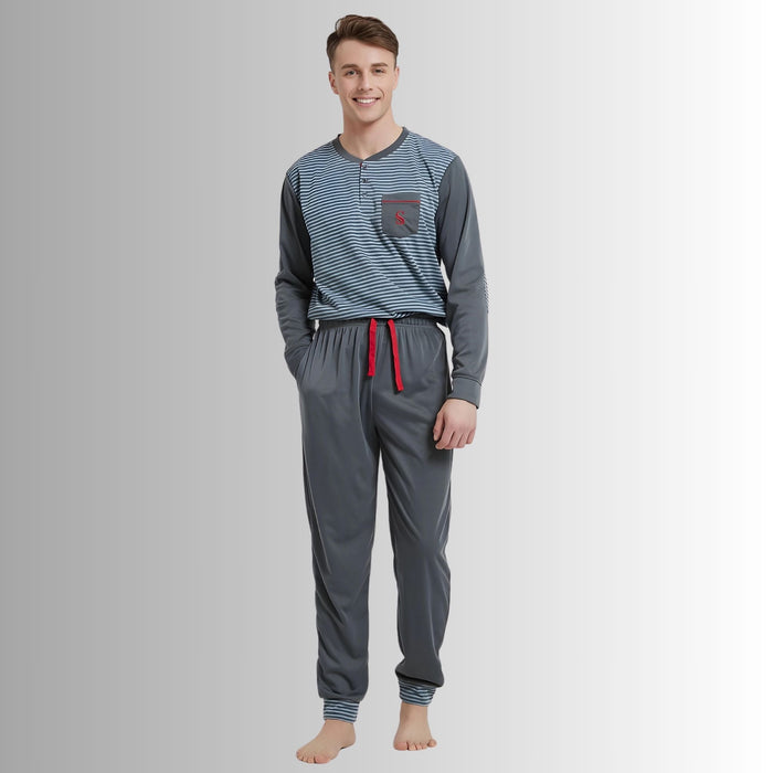 Men's Long Sleeve Pyjamas, Grey - Blue Stripe Loungewear Novelty Pjs - SaneShoppe