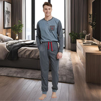 Men's Long Sleeve Pyjamas, Grey - Blue Stripe Loungewear Novelty Pjs - SaneShoppe