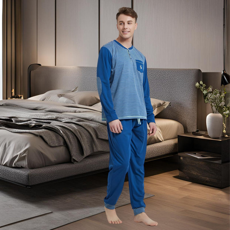 Men's Long Sleeve Pyjamas, Grey - Blue Stripe Loungewear Novelty Pjs - SaneShoppe