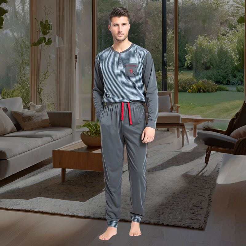 Men's Long Sleeve Pyjamas, Grey - Blue Stripe Loungewear Novelty Pjs - SaneShoppe