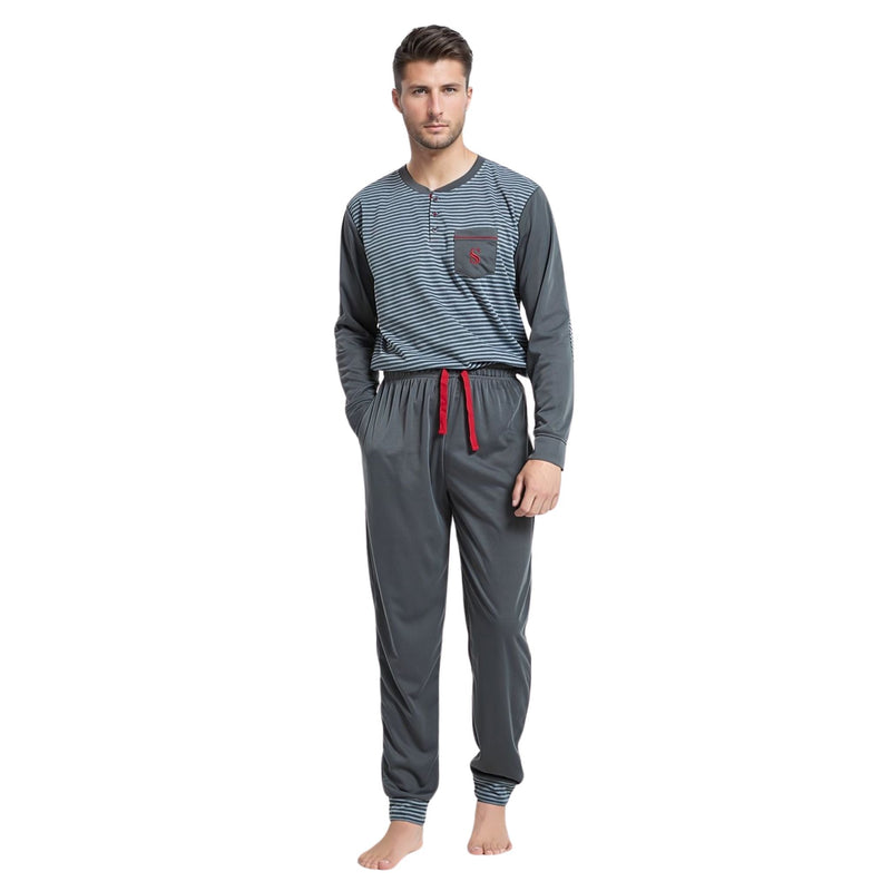 Men's Long Sleeve Pyjamas, Grey - Blue Stripe Loungewear Novelty Pjs - SaneShoppe