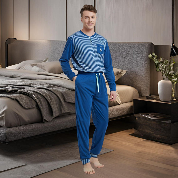 Men's Long Sleeve Pyjamas, Grey - Blue Stripe Loungewear Novelty Pjs - SaneShoppe