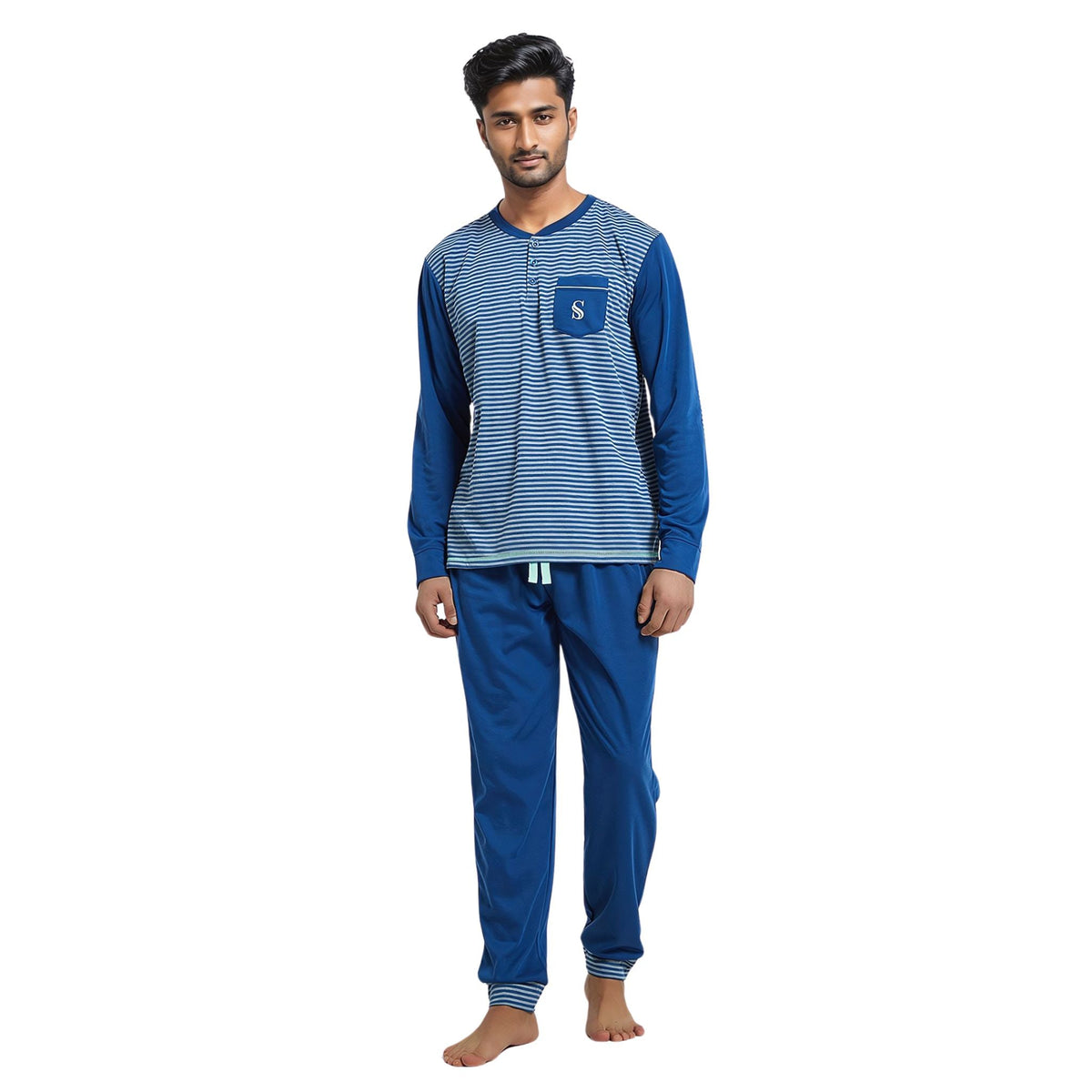 Men's Long Sleeve Pyjamas, Grey - Blue Stripe Loungewear Novelty Pjs - SaneShoppe