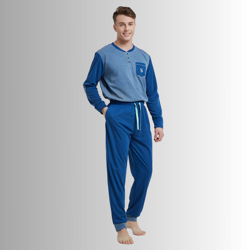 Men's Long Sleeve Pyjamas, Grey - Blue Stripe Loungewear Novelty Pjs - SaneShoppe