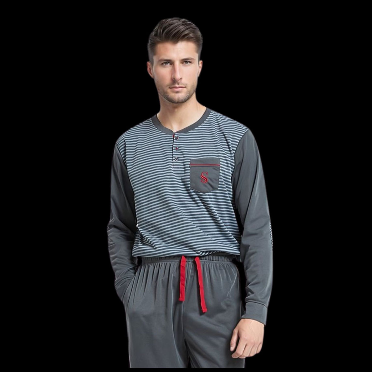 Men's Long Sleeve Pyjamas, Grey - Blue Stripe Loungewear Novelty Pjs - SaneShoppe