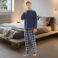 Mens Lounge Pants Loungewear Sets Fleece Top Cotton Bottom Navy Blue Check. - SaneShoppe