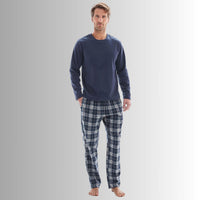 Mens Lounge Pants Loungewear Sets Fleece Top Cotton Bottom Navy Blue Check. - SaneShoppe