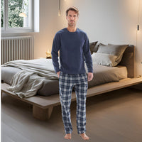 Mens Lounge Pants Loungewear Sets Fleece Top Cotton Bottom Navy Blue Check. - SaneShoppe