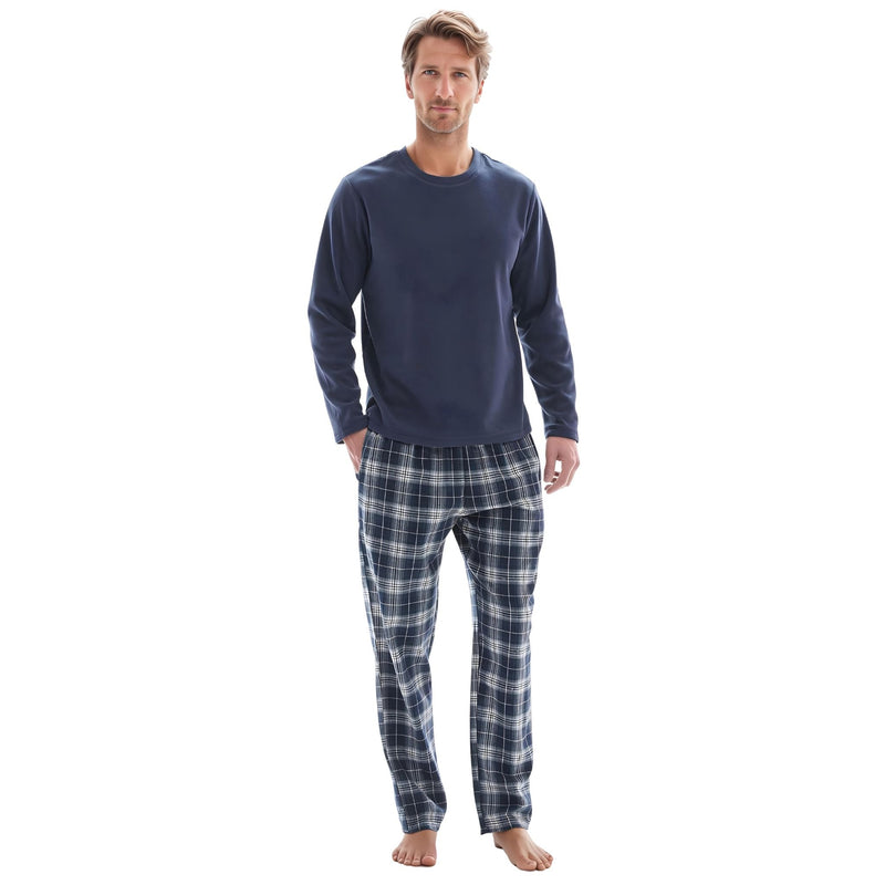 Mens Lounge Pants Loungewear Sets Fleece Top Cotton Bottom Navy Blue Check. - SaneShoppe