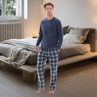 Mens Lounge Pants Loungewear Sets Fleece Top Cotton Bottom Navy Blue Check. - SaneShoppe