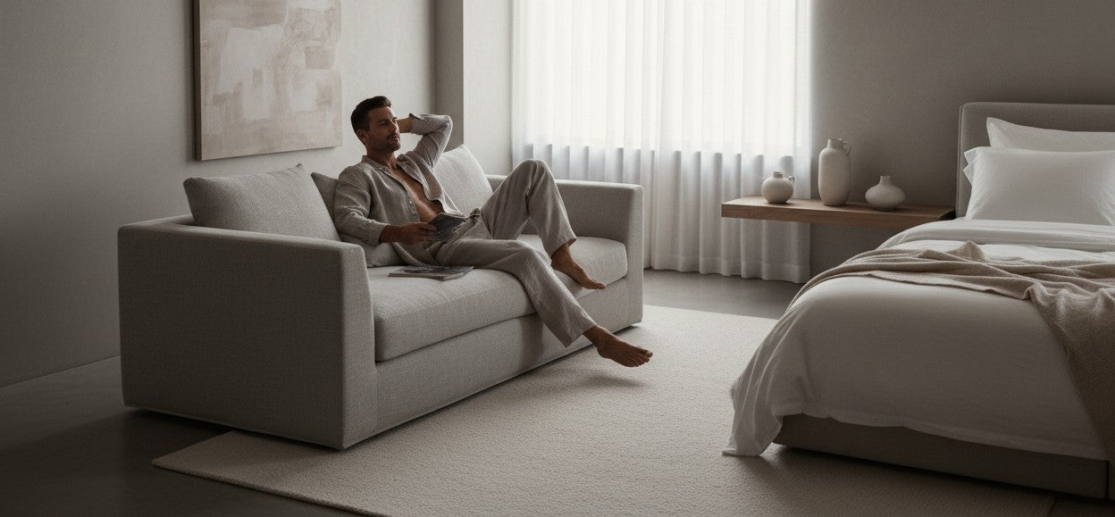 A man relaxes reclining on a light gray upholstered sofa in a modern, minimalist bedroom. The room features a neatly made bed with white linens, a small floating wooden nightstand with decorative vases, and a large window with sheer white curtains.