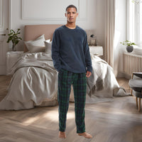 Mens Pyjamas Long Sleeve Set Fleece Green Checkered Pjs - SaneShoppe