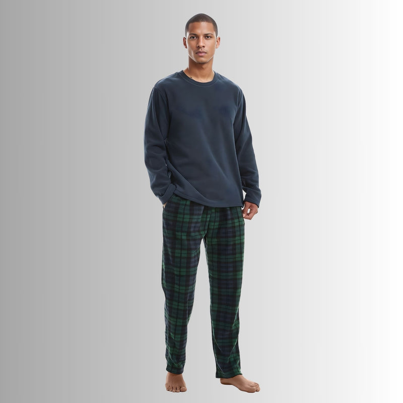 Mens Pyjamas Long Sleeve Set Fleece Green Checkered Pjs - SaneShoppe