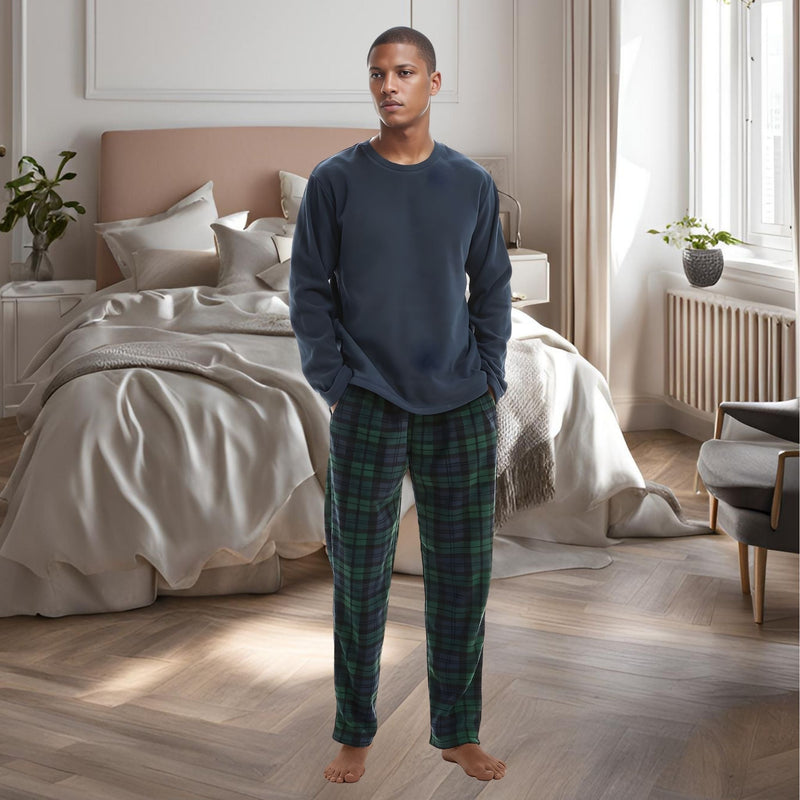 Mens Pyjamas Long Sleeve Set Fleece Green Checkered Pjs - SaneShoppe