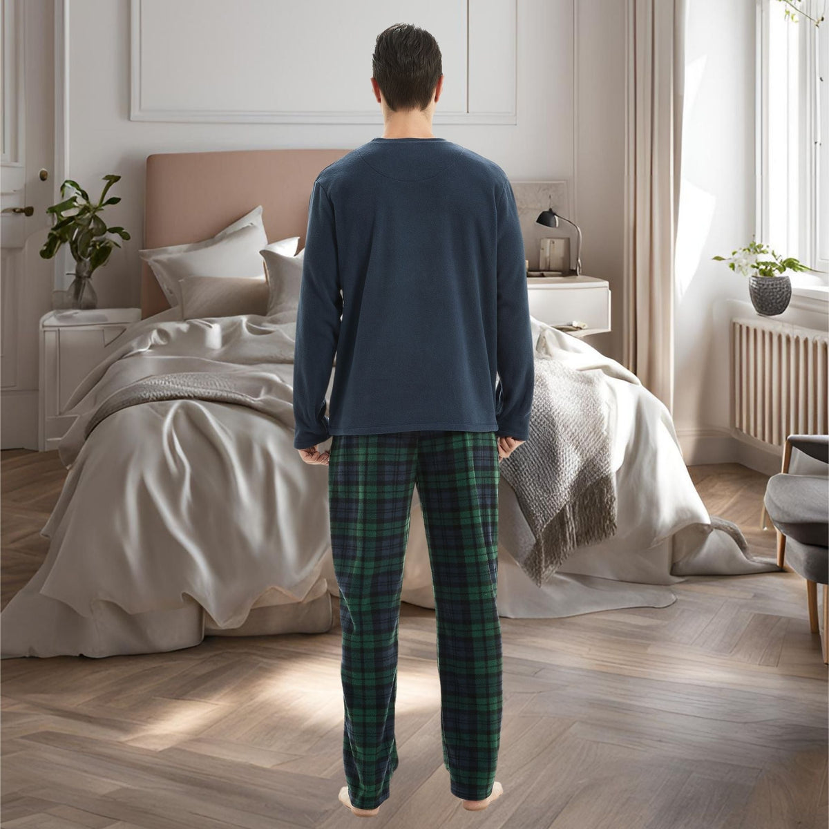 Mens Pyjamas Long Sleeve Set Fleece Green Checkered Pjs - SaneShoppe