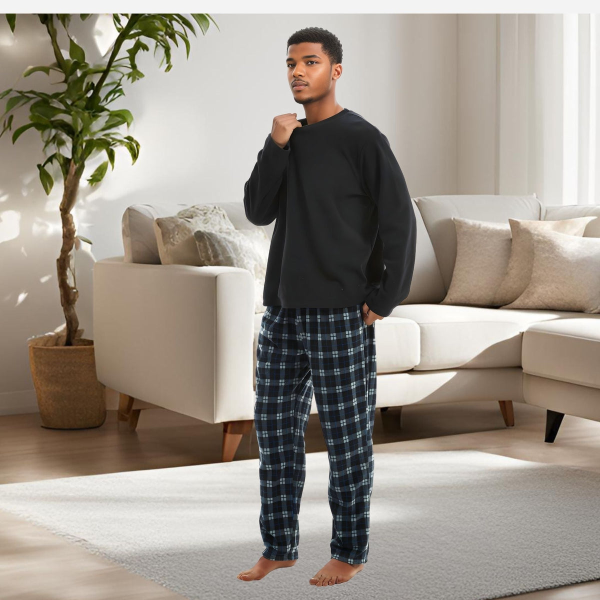 Men's Pyjamas Long Sleeve Set in Black. Comfy Pjs Thermal Fleece Loungewear. - SaneShoppe