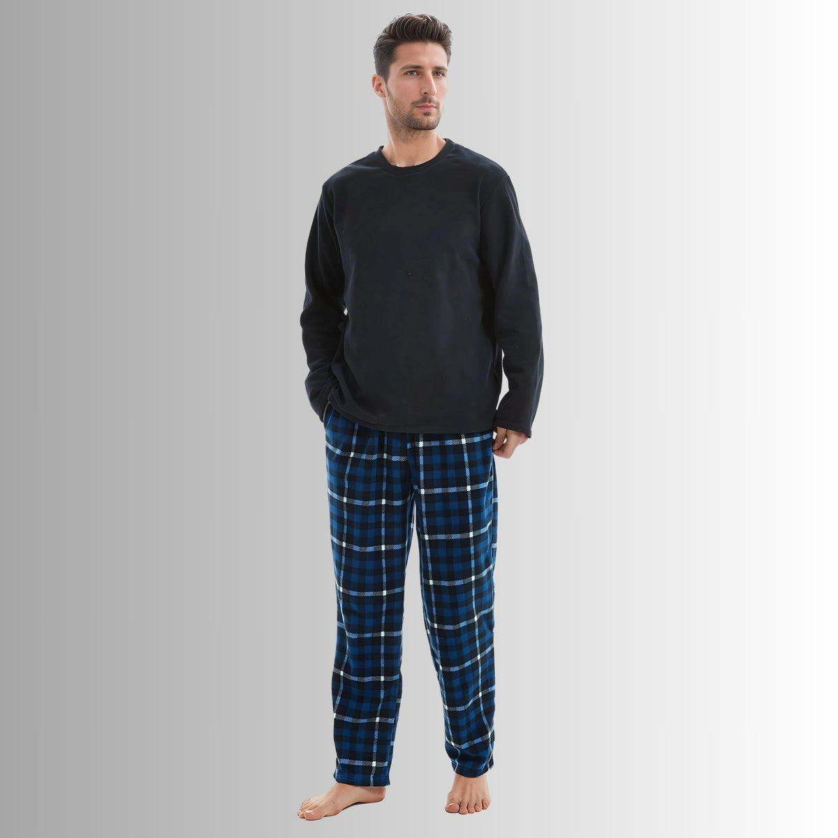 Mens Thermal Fleece Pyjama Set, Luxury Long Sleeve Pyjamas Navy Checked - SaneShoppe