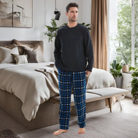 Mens Thermal Fleece Pyjama Set, Luxury Long Sleeve Pyjamas Navy Checked - SaneShoppe