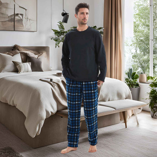 Luxury Design Mens Navy Check Fleece PJs - Warm Winter Pyjama Set