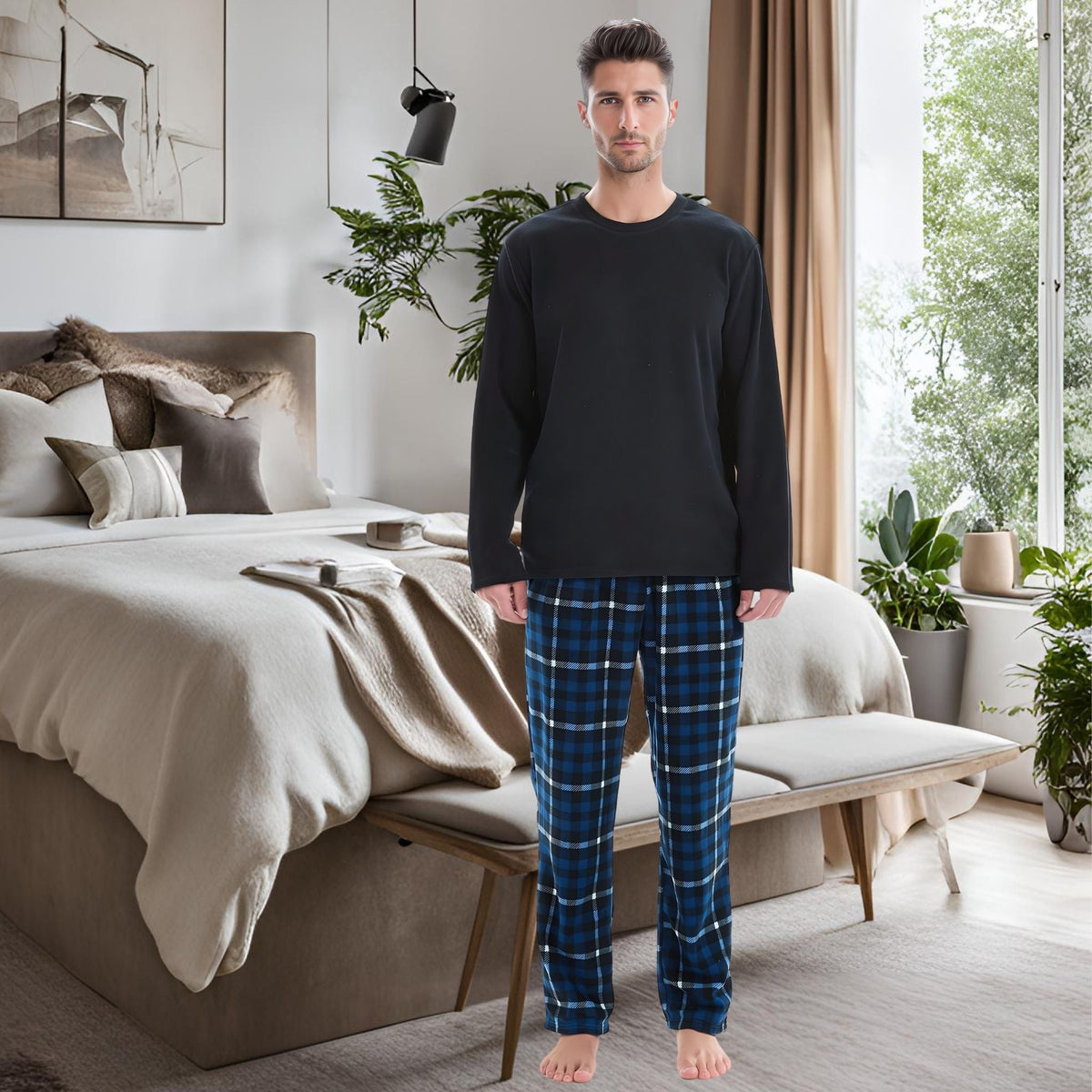 Mens Thermal Fleece Pyjama Set, Luxury Long Sleeve Pyjamas Navy Checked - SaneShoppe