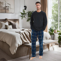 Mens Thermal Fleece Pyjama Set, Luxury Long Sleeve Pyjamas Navy Checked - SaneShoppe