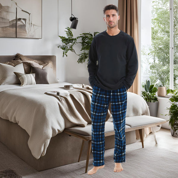 SaneShoppe-Luxury Design Mens Navy Check Fleece PJs - Warm Winter Pyjama Set