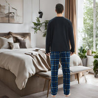 Mens Thermal Fleece Pyjama Set, Luxury Long Sleeve Pyjamas Navy Checked - SaneShoppe