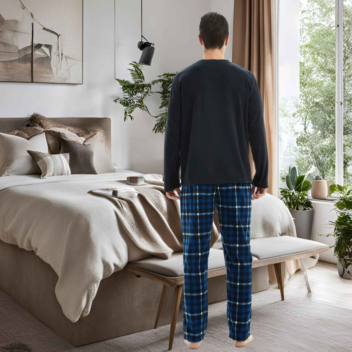Pigiama da uomo di lusso a quadri blu navy in pile - set pigiama invernale caldo