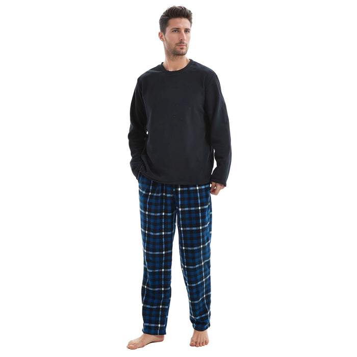 Mens Thermal Fleece Pyjama Set, Luxury Long Sleeve Pyjamas Navy Checked - SaneShoppe