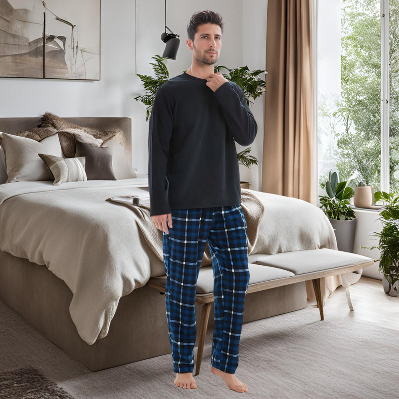 Mens Thermal Fleece Pyjama Set, Luxury Long Sleeve Pyjamas Navy Checked - SaneShoppe