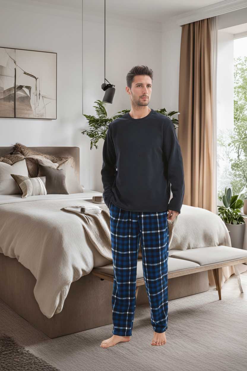 A man stands barefoot in a modern bedroom wearing a dark charcoal sweatshirt and blue plaid pajama pants.
